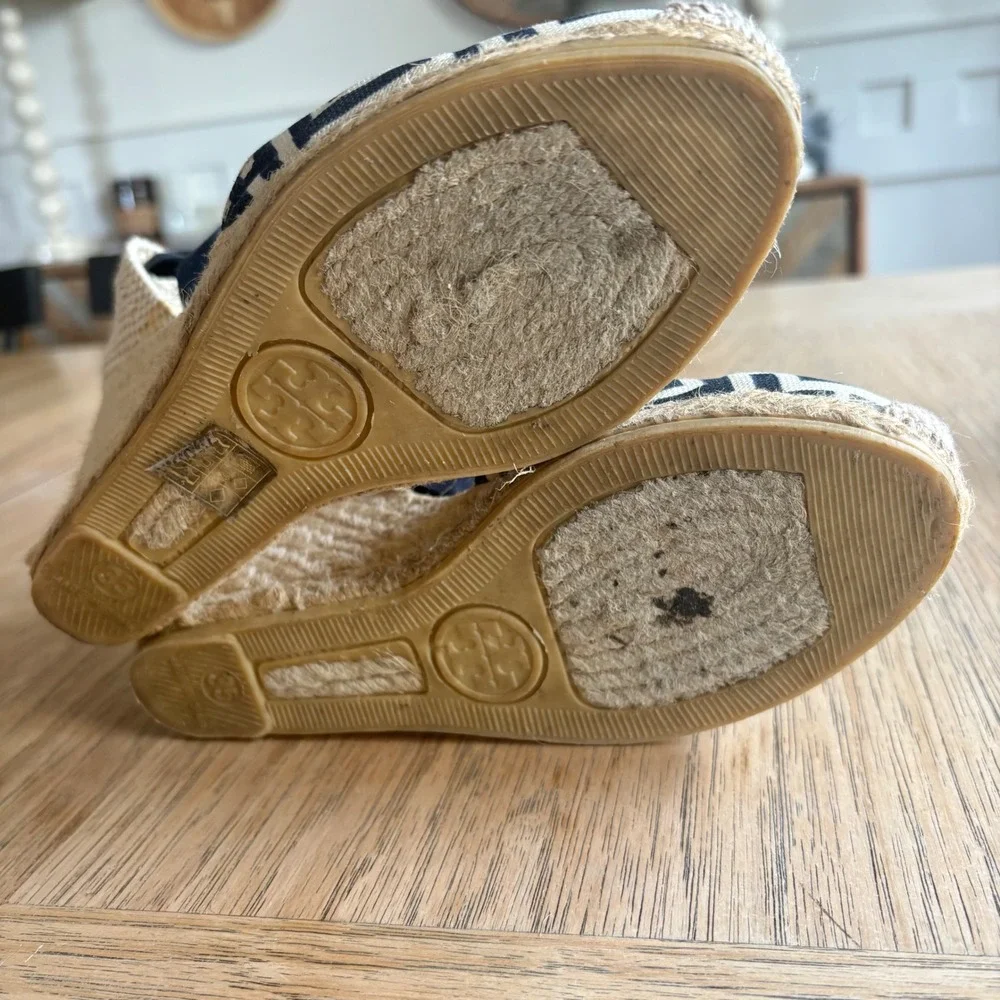 $248 TORY BURCH Ines Wedge Espadrille Navy Geometric Sandal Ankle Tie EU35;US5